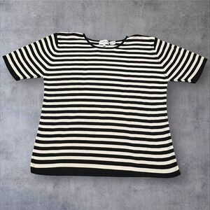 Jacobsons Silk Knit Striped Top Black Ivory Short Sleeve Womens M Y2K